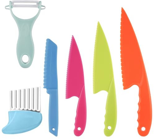 XIHIRCD Kids Knife Set, PP Plastic Kids Kitchen Knife in 4 Sizes, Childrens Cooking Knives with Vegetable Peeler and Potato Cutter to Develop Children's Interests for Cooking Chopping (Multicolored)