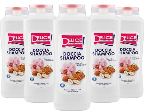 Delice Doccia Shampoo ai Fiori di Mandorlo, Detergente, per Tutti i Tipi di Pelle e Capelli - 5 Pezzi x 650 ml