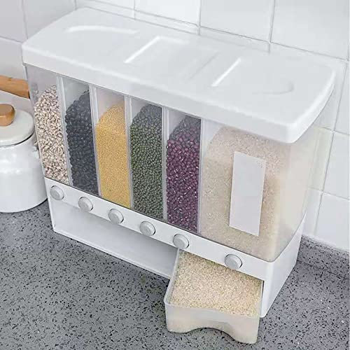 NCONCO 10L Cereal Storage Containers 6 in 1 Dry Food Dispenser Storage Container Grain Barrel Bucket Rice Storage Box Kitchen Wall Mount Cereal Grain Rice Dispenser