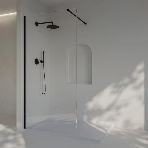 SOULHOME Paroi de douche fixe, installation facile, verre de sécurité 8 mm anticalcaire, 100 cm de large x 200 cm de haut, profilé noir mat