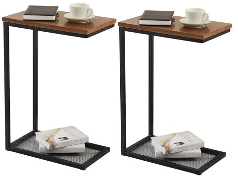 Mingone Beistelltisch 2er Set Couchtisch mit Stauraum C-Form Sofatisch Kleiner Tisch für Wohnzimmer Schlafzimmer Büro Balkon, Braun