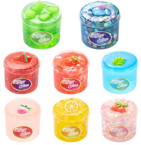 8 Piezas Frutas Cristal Slime,Transparente Jelly Cube Glimmer Arcilla Clay Crujiente,No Pegajoso Cristal Mud,con Fresas,Sandía,Limón y Otros Accesorios,Juguete Creativo DIY para Niños