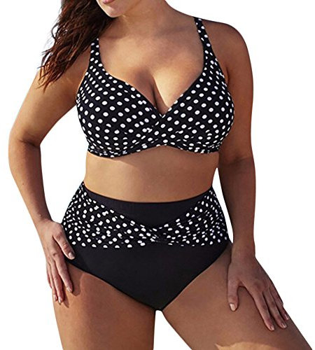 Swimsuit for Women Plus Size High Waisted Bikini Sets Retro Polka Dot Two Piece Swimming Costume Ladies Vintage Bathing Suit V Neck Beach Wear Black