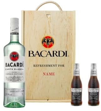 BEER HUNTER Personalised Bacardi White Rum Gift Set in Wooden Box with Fever Tree Mixers - 37.5% ABV (70cl)