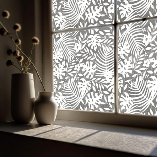 Funlife Blumen Fensterfolie Blickdicht 58x200 cm, Weiß Sichtschutzfolie Statische Fensterfolie, Statisch Haftend Milchglasfolie für Badezimmer Schlafzimmer Küche Wohnzimmer, Tropische Blätter