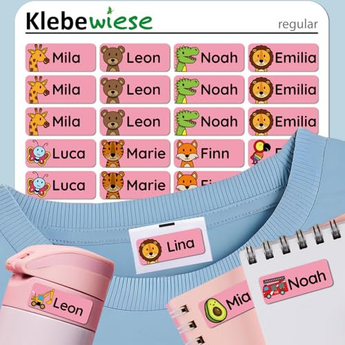 Klebewiese® - Namensaufkleber für Kinder (144 Stück) - Kleidung und Gegenstände - waschmaschinenfest und personalisiert (Farbe: Rosa)