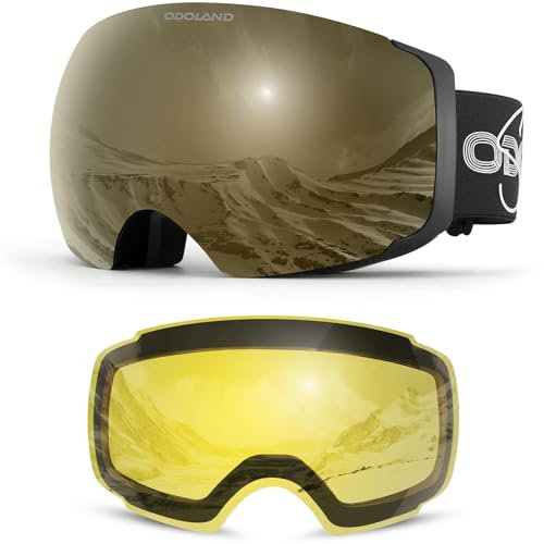 Odoland Skibrille Unisex für Damen und Herren Jungen Rahmenlose Snowboardbrille mit Magnetische Wechselglas UV-Schutz Anti-Nebel Schneebrille Helmkompatible Ski Goggles zum Skifahren