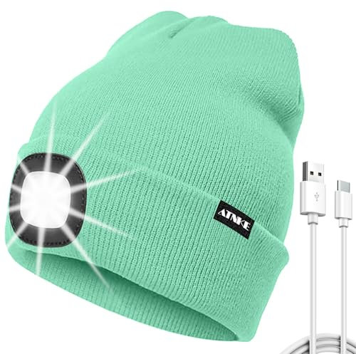 ATNKE LED Mütze mit Licht, USB Typ C Wiederaufladbare 4 LED Beleuchtete Laufmütze Extrem Heller Lampe Winter Warme Stricken Mütze für Herren und Damen Geschenke/Fruit Green