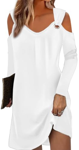 Yeenily Robe Femme Col en V Manches Longues Décontractée Plage Robes Chic et Elegant Été Couleur Unie Mini Longue Tunique Robe (Blanc, S)