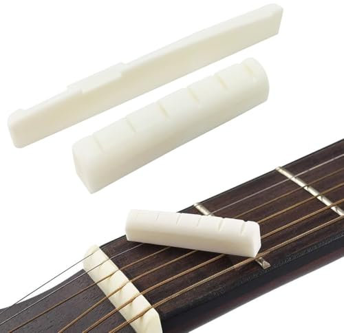 RAXLUPO 2 Stück Gitarre Brücke Sattel Knochen Sattel Set Gitarre Knochen Sattel Bone Nut für 6-saitige Folk Akustik Gitarre E-Gitarren-Knochensattel flacher Boden reiner Rinderknochen geschlitzt