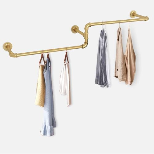 Estabeter Kleiderstange zur Wandmontage 180 cm L, Kleiderstange Industrial, Gold Industrierohr Wand Kleiderstange Metall Eck-Garderobe Wandgarderoben für Schlafzimmer Wohnzimmer