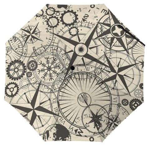 QTAVETEND Vintage Uhr Karte Automatisch Öffnen Tragbar Faltschirm Wasserdicht Sonne UV-Schutz Reise Outdoor Regenschirme für Damen Herren, Stil:, Automatic