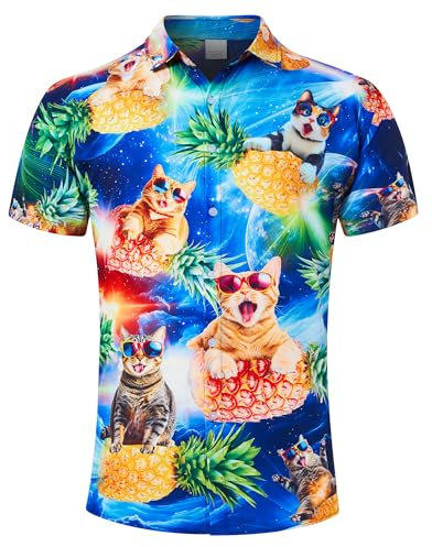 AIDEAONE Herren Hawaiihemden Hemden Kurzarm Knopf Sommer Hemd mit Katze Katze,L