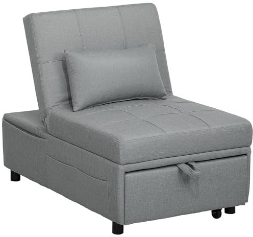 HOMCOM 3-in-1 Schlafsessel mit Bettfunktion, ausziehbares Schlafsofa, Schlafstuhl mit Seitentasche, Verstellbarer Rückenlehne, bis 150 kg belastbar, für Wohnzimmer,Schlafzimmer, Hellgrau