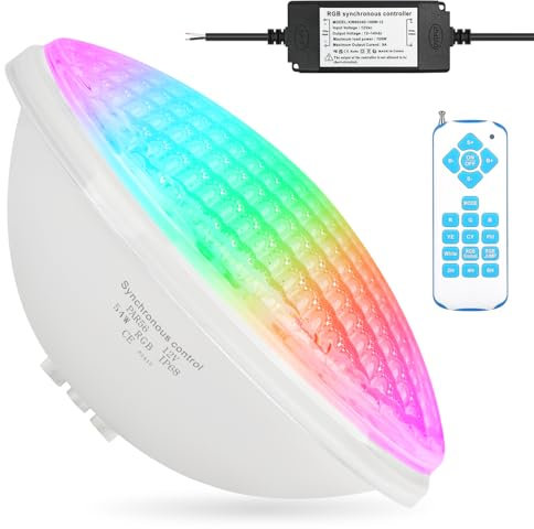 KWODE 54W LED Lampe Etanche Piscine PAR56, 12V RGB Timing 2/4/6H Ampoule LED Piscine, Synchronisation Avec L'extérieur de la Télécommande, IP68 étanche Piscine Lumière Avec Télécommande (1 pièce)