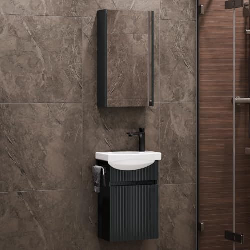 Planetmöbel Waschbecken mit Unterschrank 40 cm inkl. Keramikwaschbecken und Spiegelschrank, Gäste WC Badmöbel Set, anthrazit matt