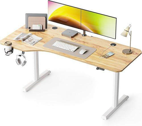 FEZIBO 160 * 70cm Electric Height - Adjustable Standing Desk with Splice Board and Ergonomic Small - Corner Design, White Frame/Light Brown Top for Home Office