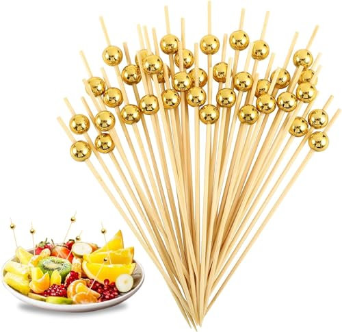 Elektheim Lot de 100 brochettes à Cocktail en Bois Naturel avec Perle Acrylique dorée - Cure-Dents en Bambou - pour Bar, fête, Dessert, Barbecue, collations, Fruits - Antipasti - 12 cm