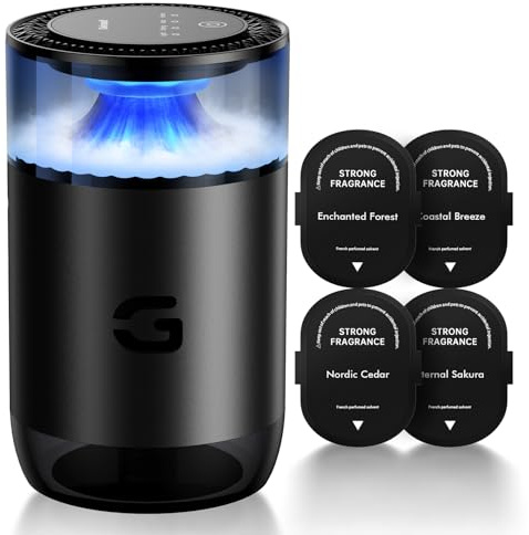 Geinself Smart Car Air Freshener Diffuser, Waterless Essential Oil Diffuser with 4 Modes, 4 Scent Refills, Auto On/Off, USB - C Rechargeable Wireless, Ambient Light for Home/Car Use (5502-Black)