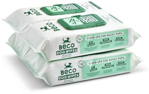 Beco Dog Wipes - 4 Packs of 80, Unscented, For Paws, Body and Bum, Plant-Based Grooming Wipes