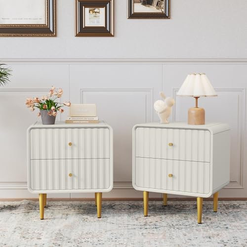 MROJISC Nachttisch 2er Set, Moderner Nachtschränkchen mit 2 Schubladen Geriffelter Nachttisch Weiß, Holz Nachtschrank mit Goldenem Beine für Schlafzimmer, Wohnzimmer