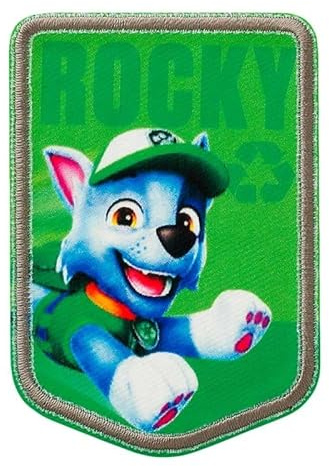 Mono-Quick Paw Patrol Rocky Aufnäher zum Aufbügeln 7,8 x 5,5 cm Bügelbild für Kinder mit Superhunde Hund Welpen Fan, Bügelpatch Patches Bügelflicken Geschenk