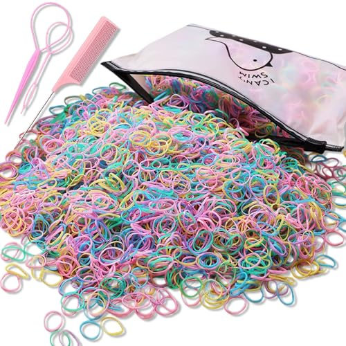 1000 Pcs Elastic Hair Bands, Elastic Rubber Bands Ties, Color Tiny Hair Rubber Bands, Soft Hair Loop Styling Tool Set 2 Braid Tools 1 Rat Tail Comb for Kids Hair, Braids Hair, Wedding Hairstyle