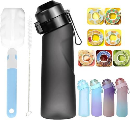 Air Borraccia, Starter Up Set con 7 cialde aromatiche, 650ML Borracce con 7 Air pods Bere Frutta Fragranza Bottiglia Senza BPA (nero B)
