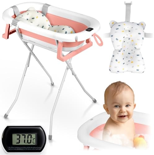 Ricokids Baby Badewanne Babywanne mit Gestell Thermometer und Badekissen - Faltbar Leicht Rutschfest - Weiß Rosa