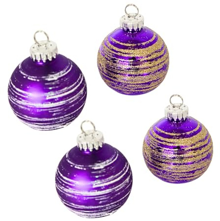 Dekohelden24 Christbaumschmuck - 4er Set Kugeln, Christbaumkugeln, Glaskugeln, Edle Weihnachtsbaumkugeln mit Glitterdekor in lila Glanz u matt, 5 cm, mit silbernen Krönchen.