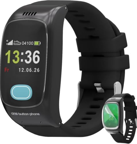 one button phone Notruf-Uhr Senioren Set + Schutzfolie, Vergleichssieger | Ohne Abo, SOS-Notrufknopf, GPS-Ortung, Sturzerkennung, Vitaldaten, Telefonfunktion, Notfallarmband, Hausnotruf-Alternative