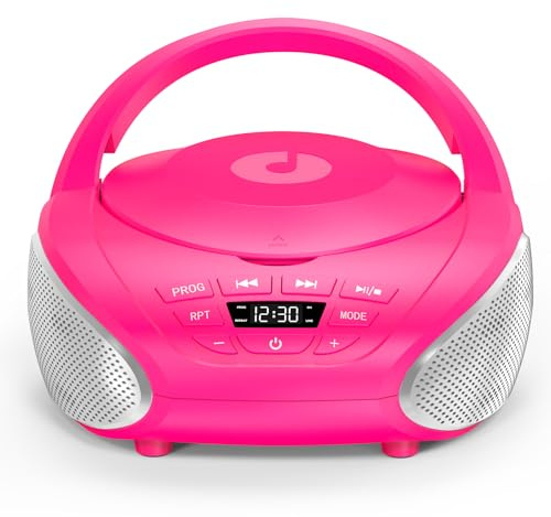 Gueray Reproductor de CD Portátil Boombox Radio CD Compacto con Altavoces Estéreo Radio FM Entrada AUX 3.5 mm Jack para Auriculares y Pantalla LCD para Interiores Exteriores Viajes (Rosa)