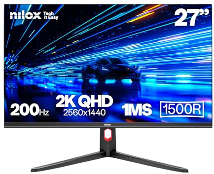 Nilox NXM27CV2K2001 Monitor Gaming Curvo 27'' 2K QHD 2560×1440 VA, Frequenza 200 Hz, Tempo 1 ms, FreeSync, Retroilluminazione, Connessioni 2×HDMI 2.1 + 2×DP 1.4, Uscita Audio 3,5 mm, VESA 100×100 mm