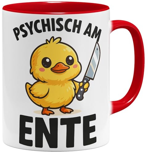 OM3® Psychisch am Ente Kaffee-Tasse mit Spruch - Spruchtasse Fun Motiv - Schwarzem Humor - Keramik Becher - 325ml - Beidseitig Bedruckt - Rot