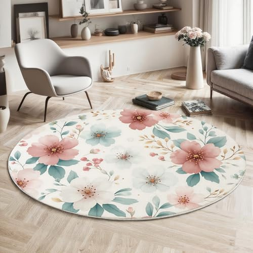 GDJSMIN Rund Teppiche Wohnzimmer Aquarell-Blumenmuster Hellblau 120cm - Küche Jugendzimmer Esszimmer Flur und Schlafzimmer Kurzflor Teppich Gegend Extra Weich Pflegeleicht