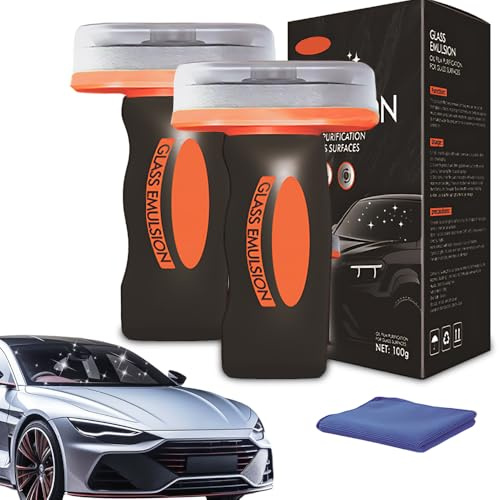 Car Glass Cleaner, NAVESO 2 Pack Glass Emulsion Cleaner with Towel, Glasses Film Cleaning, Hand-Held Car Windshield Oil Film Remover for Windows, Mirrors, 100g