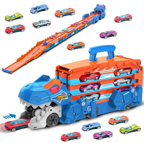 VATOS Dinosaur Transport Truck Car Toy - Ejection Folding Storage Track Toys with Sound, Portable Truck Car Toy with 8 Race Cars, Best Gift Carrier Vehicles Toys Set for Kids for Boys 3-5 Years Old