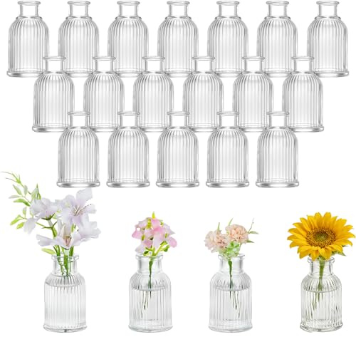 SGZIOO 20 Stück Kleine Vasen für Tischdeko, 50 ML Kleine Glasvasen, Vintage Blumenvasen Klein 7 cm Hoch, Mini Vasen Set für Tisch Deko, Hochzeit, Geburtstag, Party, Wohnzimmer