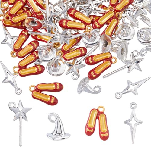 Hobbspring 80 ciondoli magici in stile tibetano per scarpe da balletto rosse, bacchetta magica, cappello da strega, ciondolo per gioielli, collane, bracciali, orecchini, fai da te