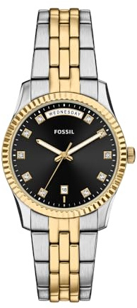 Fossil Scarlette Uhr für Damen, 34-mm Quarz-Dreizeiger-Datum-Uhrwerk mit Edelstahlarmband