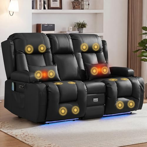 SnyFivv Electric Recliner Sofa 2 Seater with Massage & Heat, Console, Black | Faux Leather, Wall Hugger Design, 150° Recline, 8-Point Massage & Lumbar Heat, LED Light, Built In Charging, Cup Holder