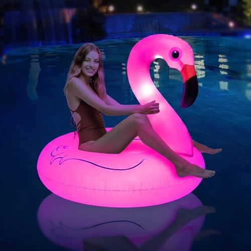 badaren Flotador Piscina Inflable con Luces,Flotador Grande Anillo Natación Adulto,Flamenco Hinchable Piscina con Luz Solar, Ideal para Verano, Fiestas, Piscina, Playa, 85x85x74cm (Flamencos)