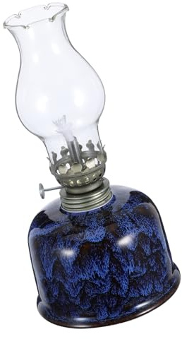 ADOCARN Vintage Keramik Petroleumlampe Blau mit Glas Kamin Nostalgische Öllampe für Heimdekoration Praktisch und Einfach zu Benutzen im Jeden Raum