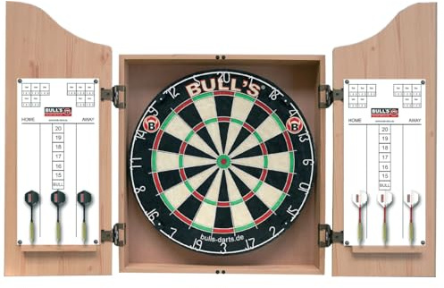 BULL'S Classic Dartstation II, inkl. Kabinett, Bristleboard / Dartscheibe, 6 Steel Darts, 2 Tafeln & Wischer