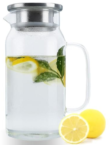 Jarra de cristal Intirilife 1,3L- Jarra de agua resistente al calor fabricada en cristal de borosilicato con tapa de bambú - Sin BPA, apta para lavavajillas - Jarra para agua, té, café, zumo y
