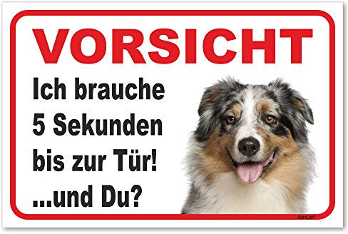 AdriLeo Schild - Vorsicht Australian Shepherd Blue-Merle - 5 Sekunden - (20x30cm) / Aussie Achtung Hund Wachhund robust langlebig UV-beständig wetterfestes Warnschild