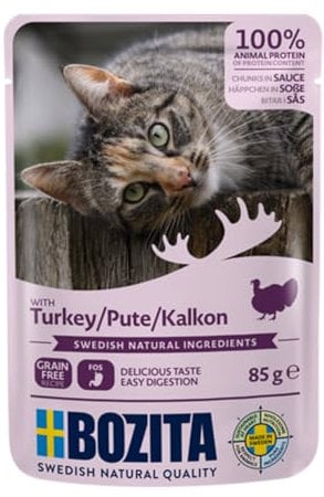 Bozita Pouch Nassfutter Häppchen in Sauce mit Pute - 12x85g Portionsbeutel getreidefreies & weizenfreies Futter für Katzen - Katzennassfutter für erwachsene Katzen mit 8,5% Protein & 4,5% Fettgehalt