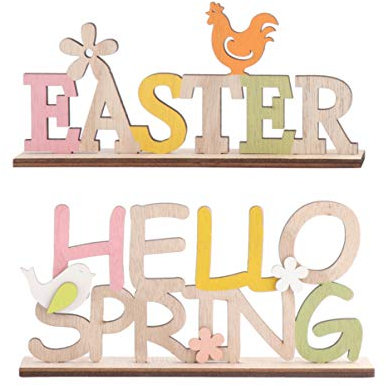 ABOOFAN 2 Stück Schriftzug Ostern Holz Easter Hello Spring Holzschrift Osterdeko Desktop Ornament Frühling Ostern Party Festival Dekoration Zuhause Wohnzimmer Schlafzimmer Tischdeko