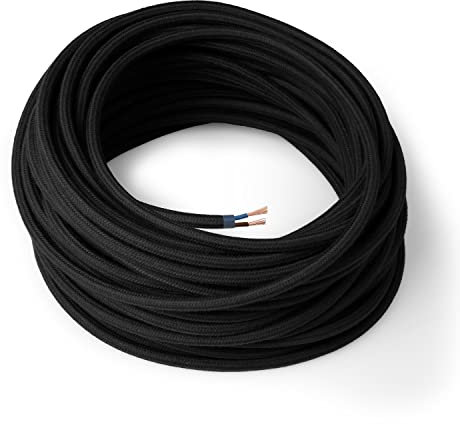 Amarcords - Câble électrique textile couleur NOIR, rond, coton, 5 mètres, à 2 brins 2x0,75 - Fil vintage en tissu coloré, pour lampes, lustres, appliques et abat-jours.