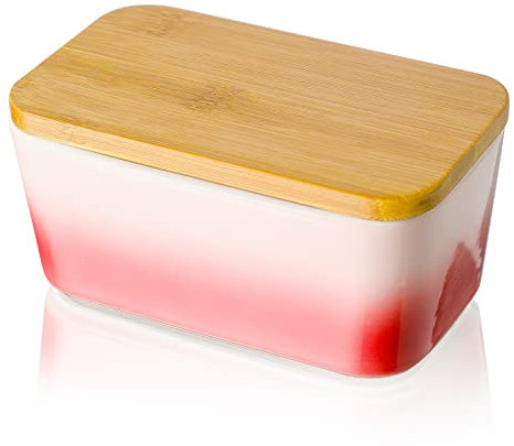 Porcelain Butter Dish with Wooden Lid, Candiicap Airtight Butter Keeper for Countertop, Large Butter Holder for All Types of Butter(Sakura Pink)